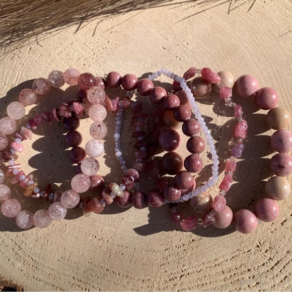 Natural Strawberry Quartz, Pink Rhodonite & Raw Tourmaline Gemstone Bracelets - Picture 14 of 15